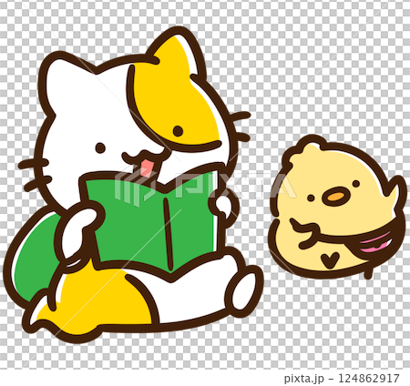 仲良く旅行を楽しむねことひよこのキャラクターのかわいいデフォルメイラスト 仲良く旅行を楽しむねことひよこのキャラクターのかわいいデフォルメイラスト 124862917