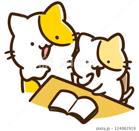 子どもの勉強を見る親の様子を表したねこのキャラクターのデフォルメイラスト 124862919