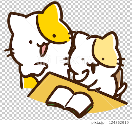 子どもの勉強を見る親の様子を表したねこのキャラクターのデフォルメイラスト 124862919