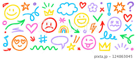 Smile brush hand drawn vector element set. Emoji fun face, heart, crown symbol crayon texture marker background kid sketch style hand drawn element. Scribble shape, smiley face. Vector 124863045