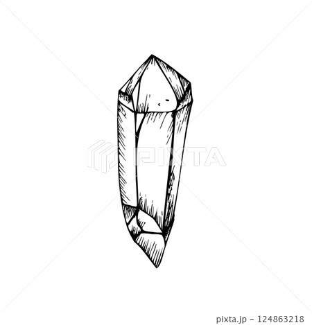 Vector amethyst crystal. Hand painted linear quartz illustration. Graphic monochrome sketch isolated on background. For designers, prints, logo, icon, menu, postcards, holiday, covers Vector amethyst crystal. Hand painted linear quartz illustration. Graphic monochrome sketch isolated on background. For designers, prints, logo, icon, menu, postcards, holiday, covers 124863218