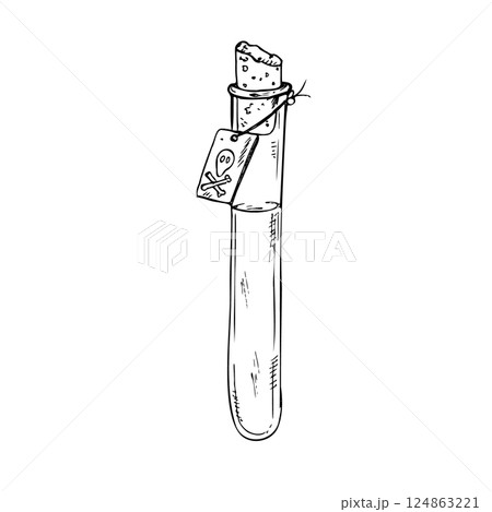 Vector Glass potion bottle with cork and death symbol. Hand painted linear wizard halloween illustration. Graphic magic monochrome sketch isolated on background. For designers, prints, logo, icon Vector Glass potion bottle with cork and death symbol. Hand painted linear wizard halloween illustration. Graphic magic monochrome sketch isolated on background. For designers, prints, logo, icon 124863221