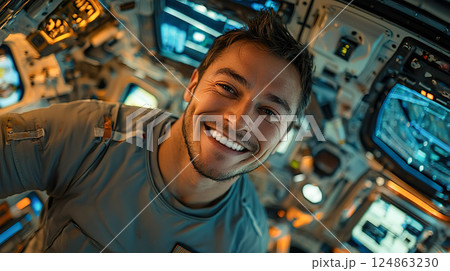 宇宙船内のイメージの宇宙飛行士の白人男性 124863230
