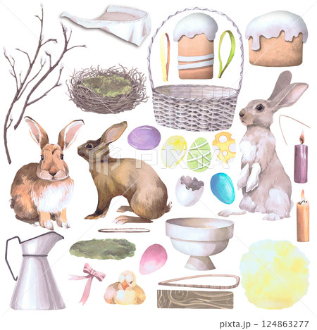 Rabbit, basket, eggs and Easter cake watercolor illustration isolated set on white. Bunny, kulich,nest, branch, candle, dish hand drawn pastel tones for Easter cards, packaging and festive decor Rabbit, basket, eggs and Easter cake watercolor illustration isolated set on white. Bunny, kulich,nest, branch, candle, dish hand drawn pastel tones for Easter cards, packaging and festive decor 124863277