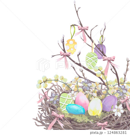 Easter eggs in a wicker nest watercolor illustration isolated on white. The nest with bows, spring flowers and mimosa twigs hand drawn in pastel colors for Easter cards, packaging and festive decor Easter eggs in a wicker nest watercolor illustration isolated on white. The nest with bows, spring flowers and mimosa twigs hand drawn in pastel colors for Easter cards, packaging and festive decor 124863281