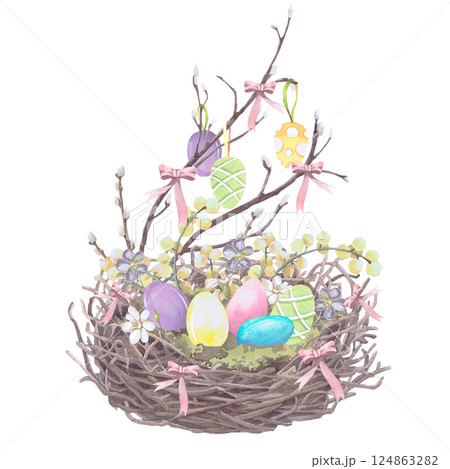 Easter eggs in a wicker nest watercolor illustration isolated on white. The nest with bows, spring flowers and mimosa twigs hand drawn in pastel colors for Easter cards, packaging and festive decor 124863282