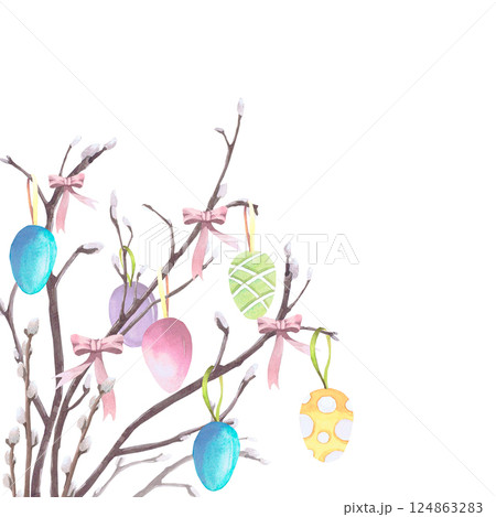Easter eggs on branches watercolor illustration isolated on white. Colored eggs on bright ribbons with bows, hand-painted in pastel colors for Easter cards, packaging and festive decor Easter eggs on branches watercolor illustration isolated on white. Colored eggs on bright ribbons with bows, hand-painted in pastel colors for Easter cards, packaging and festive decor 124863283