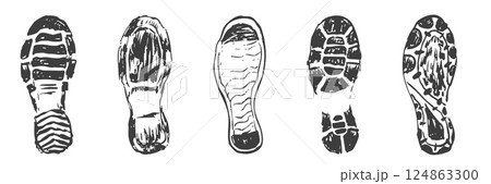 Shoe print boot, foot step silhouette mark. Boot Print textured, grunge. Mountain boot, hiking imprint. Shoe print boot, foot step silhouette mark. Boot Print textured, grunge. Mountain boot, hiking imprint. 124863300