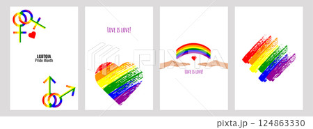 LGBT Pride Month set of colorful poster. Hand heart rainbow. Symbol LGBT pride community. Rainbow elements. Banner design cover magazine, layout, brochure, flyer. Vector illustration. LGBT Pride Month set of colorful poster. Hand heart rainbow. Symbol LGBT pride community. Rainbow elements. Banner design cover magazine, layout, brochure, flyer. Vector illustration. 124863330