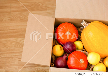 Kraft Cardboard Box with Pumpkin, Apples and Onions with Copy Space, Delivery Concept Kraft Cardboard Box with Pumpkin, Apples and Onions with Copy Space, Delivery Concept 124863356