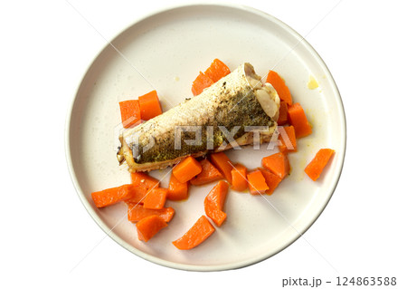Fried hake fish on a plate. 124863588