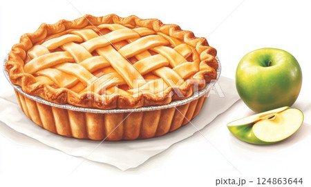Apple pie on napkin beside green apple on white background 124863644