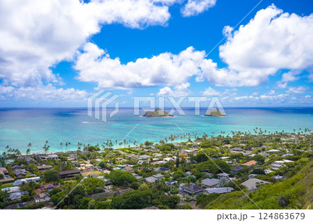 ハワイ ラニカイピルボックスハイクから見る青い海 ハワイ ラニカイピルボックスハイクから見る青い海 124863679