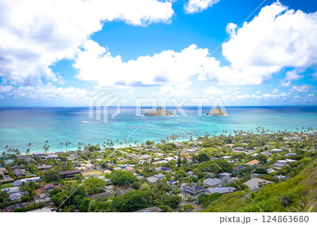 ハワイ　ラニカイピルボックスハイクから見る青い海 124863680