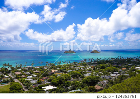 ハワイ　ラニカイピルボックスハイクから見る青い海 124863761