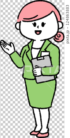 一位身著西裝的女士拿著文件進行演示(全身) 一位身著西裝的女士拿著文件進行演示(全身) 124863883