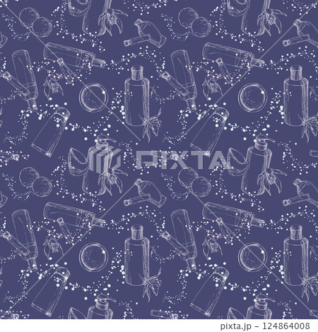 Spray mist bottle perfume cologne samplers, cream tube, bath gel shampoo, exotic orchid flowers. Isolated seamless pattern. Vector hand drawn ink sketch. Beauty parlor illustration, cosmetics shop. Spray mist bottle perfume cologne samplers, cream tube, bath gel shampoo, exotic orchid flowers. Isolated seamless pattern. Vector hand drawn ink sketch. Beauty parlor illustration, cosmetics shop. 124864008