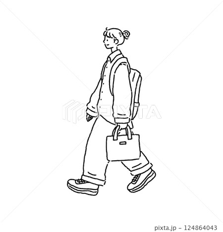 オーバーサイズのシャツを着た女性　線画 124864043