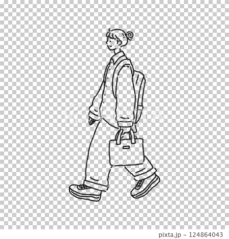 オーバーサイズのシャツを着た女性　線画 124864043