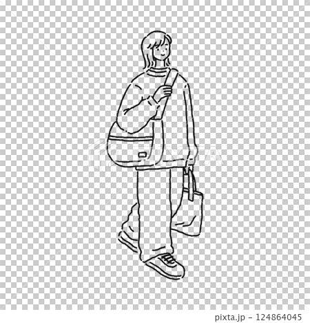 Casually coordinated woman line drawing Casually coordinated woman line drawing 124864045