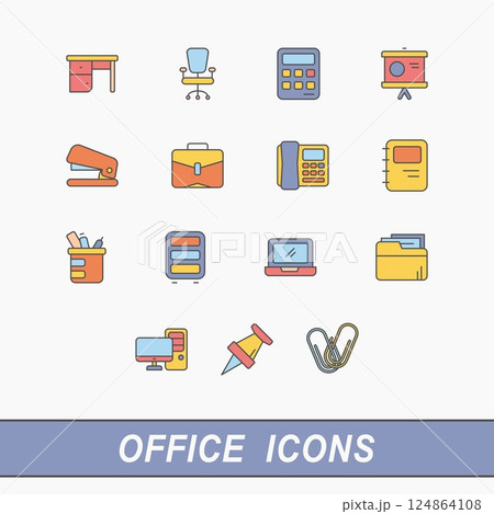 A collection of flat-style office icons representing common work and business tools, such as a desk, chair, calculator, laptop, and folder. Perfect for illustrating office tasks, working environments. 124864108