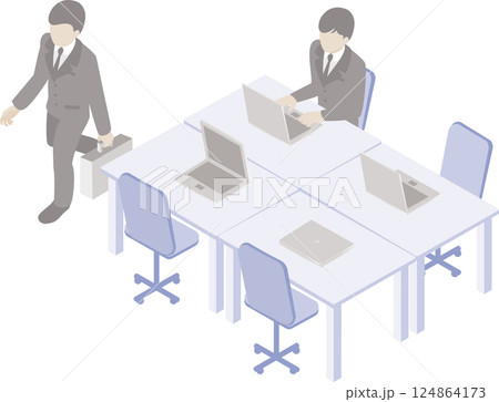ビジネス　人物　男性　アイソメトリック　オフィス　パソコン　デスク　仕事　イラスト素材 124864173