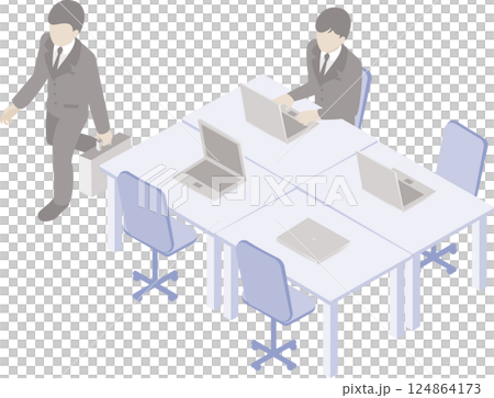 ビジネス　人物　男性　アイソメトリック　オフィス　パソコン　デスク　仕事　イラスト素材 124864173