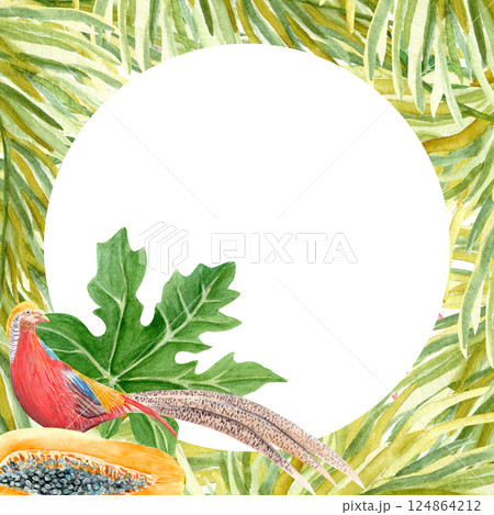 Golden pheasant papaya palm leaf watercolor round frame isolated on white. High quality illustration perfect for cards, posters, stationary, decoration design. Exotic nature green and yellow clip art Golden pheasant papaya palm leaf watercolor round frame isolated on white. High quality illustration perfect for cards, posters, stationary, decoration design. Exotic nature green and yellow clip art 124864212