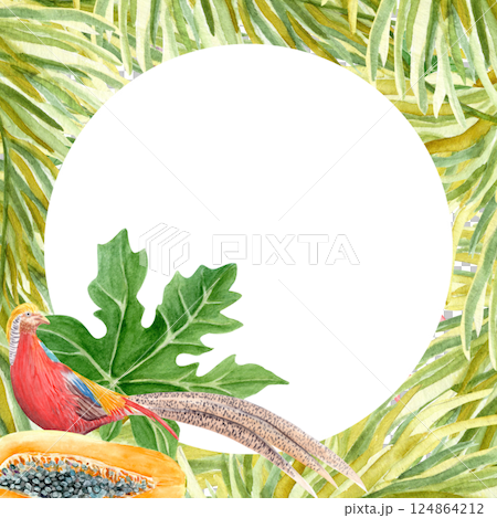 Golden pheasant papaya palm leaf watercolor round frame isolated on white. High quality illustration perfect for cards, posters, stationary, decoration design. Exotic nature green and yellow clip art Golden pheasant papaya palm leaf watercolor round frame isolated on white. High quality illustration perfect for cards, posters, stationary, decoration design. Exotic nature green and yellow clip art 124864212