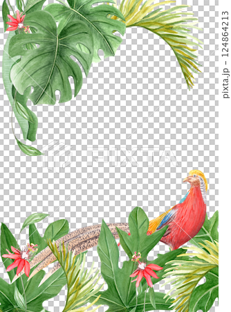 Golden pheasant, palm leaves and passion flowers watercolor vertical frame. Hand drawn rainforest nature isolated clipart, sketch style. Exotic paradise bird and plants vertical frame perfect for Golden pheasant, palm leaves and passion flowers watercolor vertical frame. Hand drawn rainforest nature isolated clipart, sketch style. Exotic paradise bird and plants vertical frame perfect for 124864213