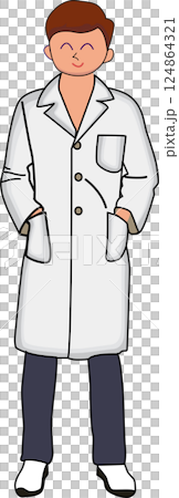 Doctor cartoon character wearing white coat. Clip art isolated  Professional presentation. Medical concept 124864321