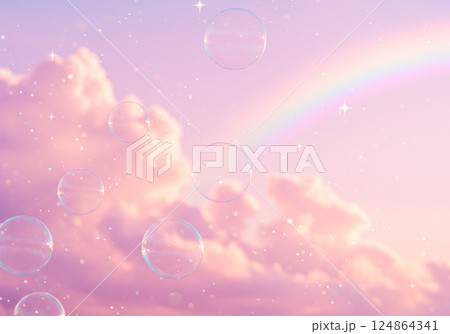 ピンクの雲とシャボン玉と虹の幻想的な風景 124864341