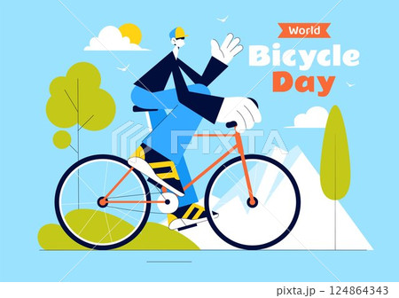 World Bicycle Day Vector Illustration on 3rd June Featuring a Person Riding a Bicycle on a Road with Buildings and Trees in a Flat Style Background 124864343