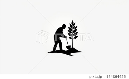 Minimalist Figure Bending with Shovel Planting Young Tree Environmental Action Minimalist Figure Bending with Shovel Planting Young Tree Environmental Action 124864426