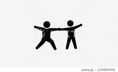 Simple Stick Figures Connected in Friendly Gesture Against White Background 124864450