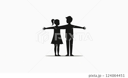 Young Boy and Girl Silhouettes in Unified Welcoming Gesture 124864451
