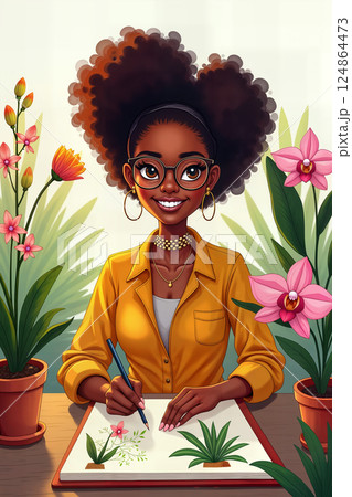 Botanist drawing plants in sketchbook. 124864473