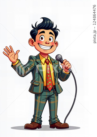 Cartoon of comedian with microphone. 124864476