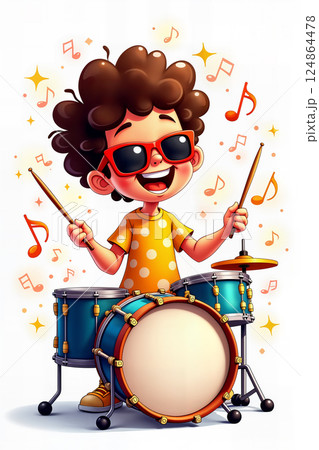 Young boy playing drums. 124864478
