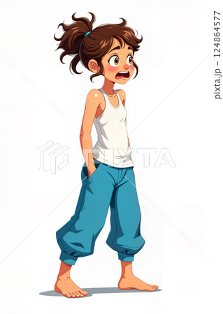 Cartoon of a barefoot street urchin. 124864577