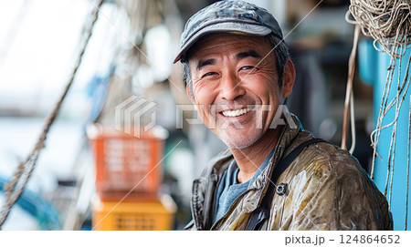 笑う漁師の中高年男性 124864652