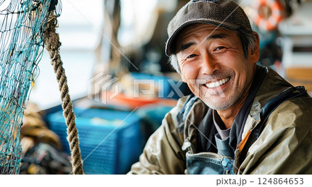 笑う漁師の中高年男性 124864653