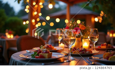 Romantic outdoor dinner setting with wine and candlelight 124864765