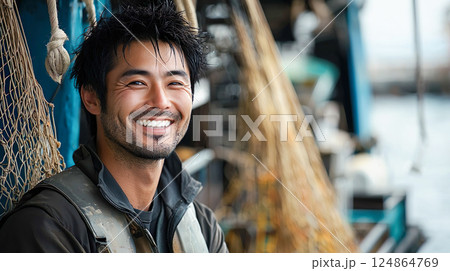 笑う漁師の中年男性 124864769