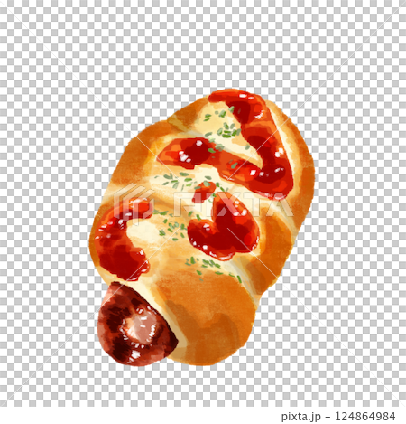 Sausage roll bread painted in watercolor 124864984