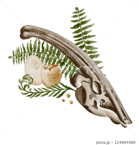 parasaurolophus skull. Dinosaur bones. Skull with plant, decorated with fern. Animal fossil. Herbivorous dinosaur. Collection illustration. Paleontology. Watercolor illustration. Hand drawing. parasaurolophus skull. Dinosaur bones. Skull with plant, decorated with fern. Animal fossil. Herbivorous dinosaur. Collection illustration. Paleontology. Watercolor illustration. Hand drawing. 124864986