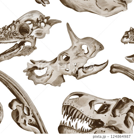 Seamless pattern with dinosaur skulls. Theranosaurus and trecatoratops and other dinosaurs. Skeletons. Watercolor illustration without background. Hand drawing. High quality illustration Seamless pattern with dinosaur skulls. Theranosaurus and trecatoratops and other dinosaurs. Skeletons. Watercolor illustration without background. Hand drawing. High quality illustration 124864987