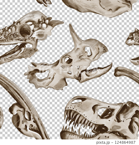 Seamless pattern with dinosaur skulls. Theranosaurus and trecatoratops and other dinosaurs. Skeletons. Watercolor illustration without background. Hand drawing. High quality illustration Seamless pattern with dinosaur skulls. Theranosaurus and trecatoratops and other dinosaurs. Skeletons. Watercolor illustration without background. Hand drawing. High quality illustration 124864987