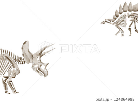 Frame with dinosaur bones. Dinosaur skeletons. Traceratops and stegosaurus. template for text. watercolor illustration without background. hand drawing. High quality illustration Frame with dinosaur bones. Dinosaur skeletons. Traceratops and stegosaurus. template for text. watercolor illustration without background. hand drawing. High quality illustration 124864988