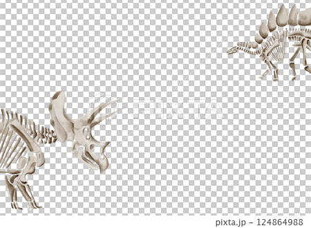 Frame with dinosaur bones. Dinosaur skeletons. Traceratops and stegosaurus. template for text. watercolor illustration without background. hand drawing. High quality illustration Frame with dinosaur bones. Dinosaur skeletons. Traceratops and stegosaurus. template for text. watercolor illustration without background. hand drawing. High quality illustration 124864988